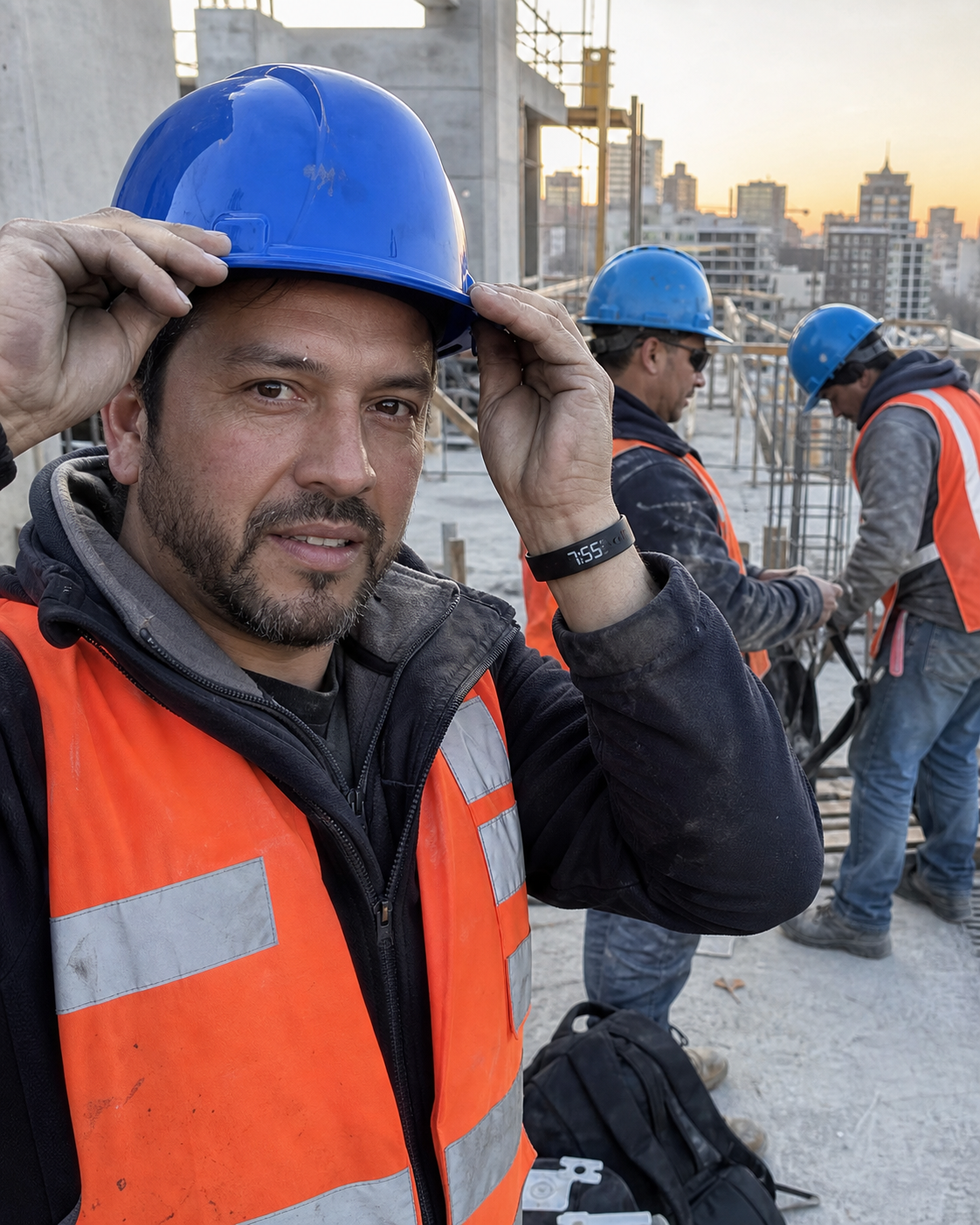 Trabajador de obras comenzando una jornada al amanecer con AFERRA Turno en su muñeca
